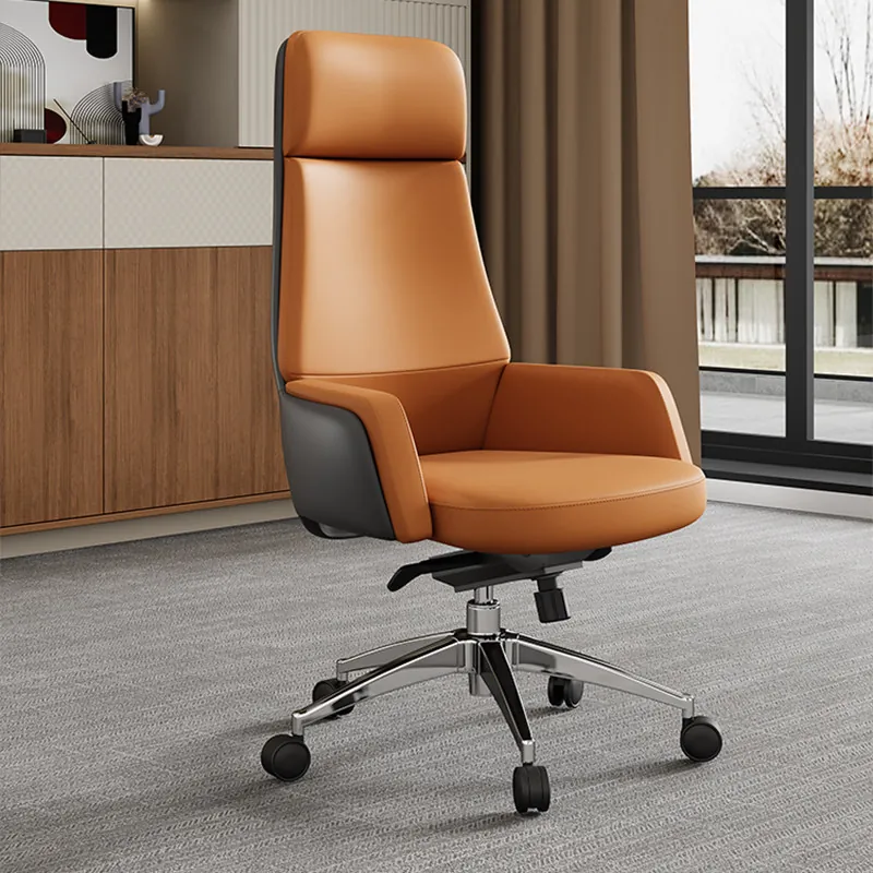 Cognac leather executive chair with polished aluminium base