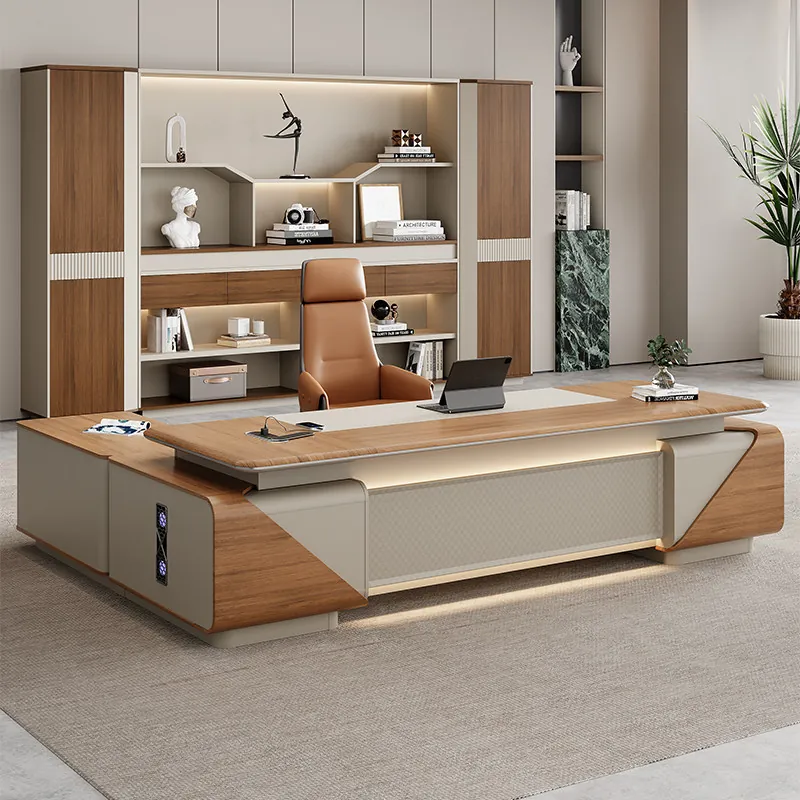 Light oak executive desk with linen panels in a daylit corner office