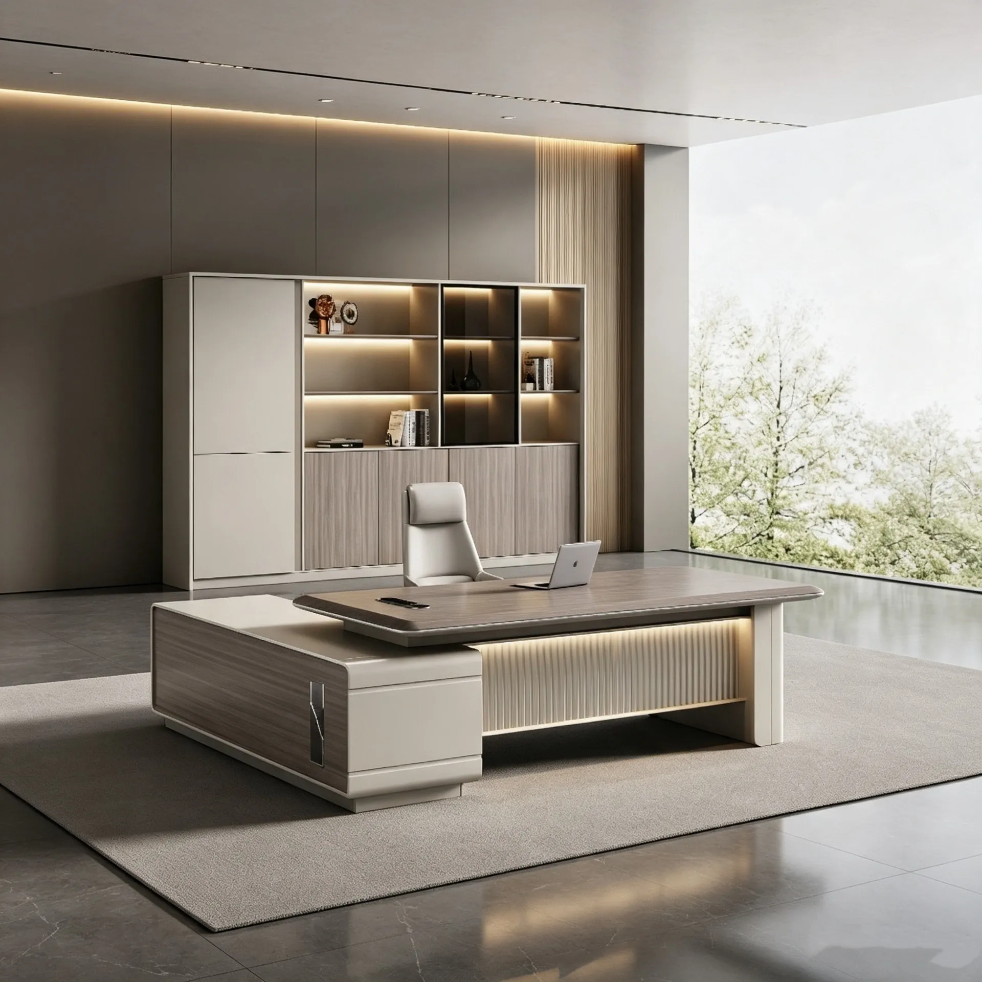 Premium executive office with a fluted oak desk and integrated storage