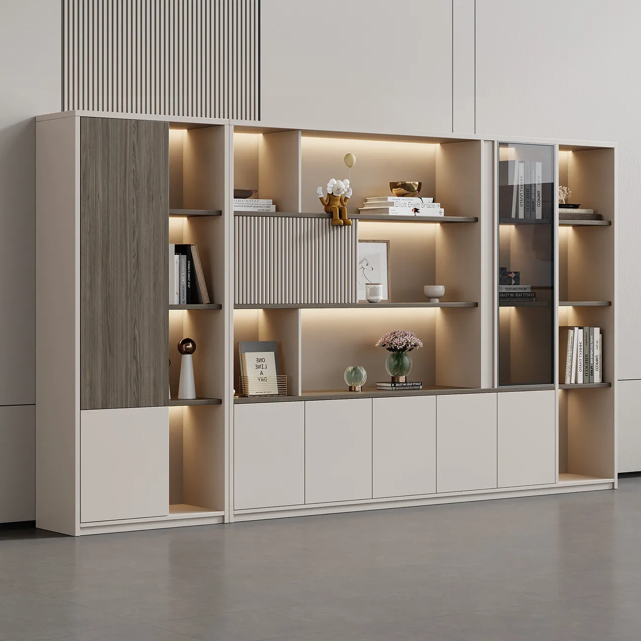 Illuminated storage wall unit with oak veneer and white cabinets